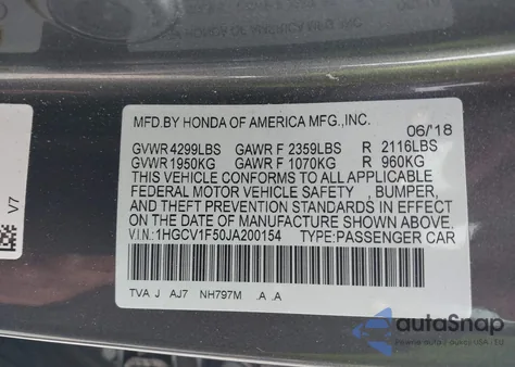 2018 Honda Accord Ex-L from USA, damaged, VIN 1HGCV1F50JA200154